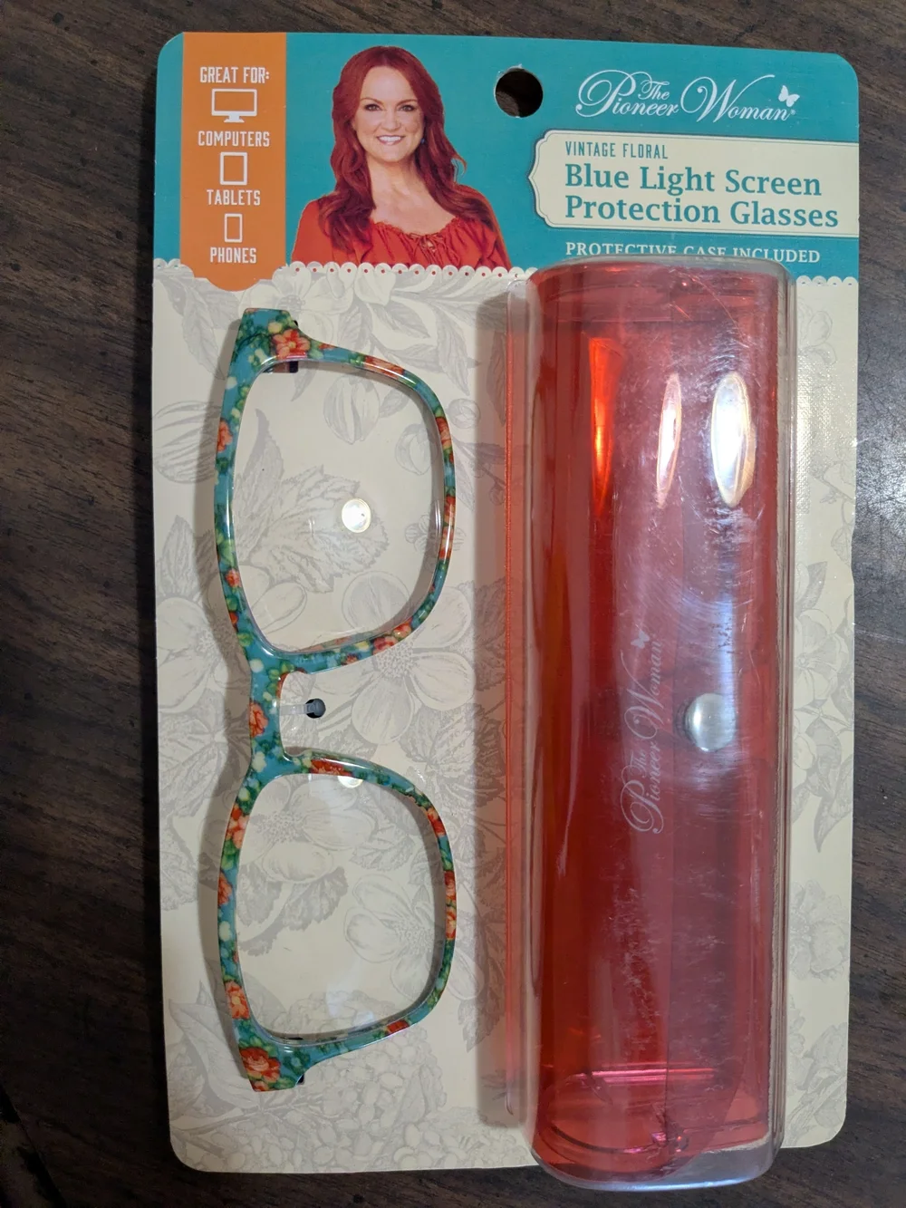 The Pioneer Woman Turquoise Floral Kids Blue Light Glasses with Red Case